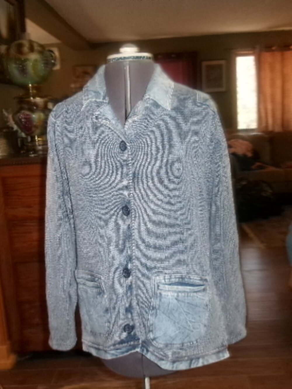 vtg North Line sweater front acid wash denim jacket button front 2 pocket Med - Picture 4 of 4